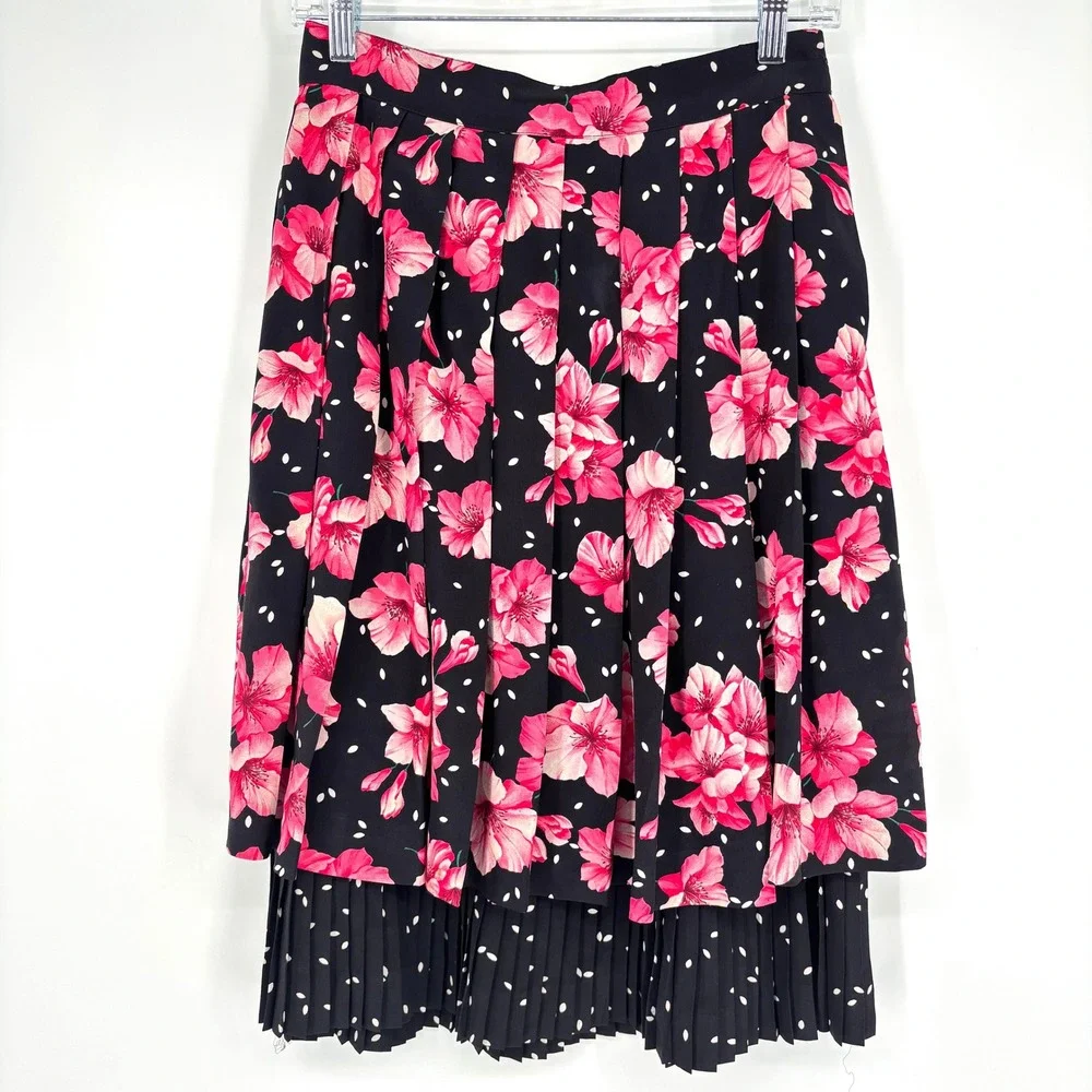 Vintage MaxMara‎ Silk Floral Polka Dot Pleated Skirt Made in Italy Pink Black 8